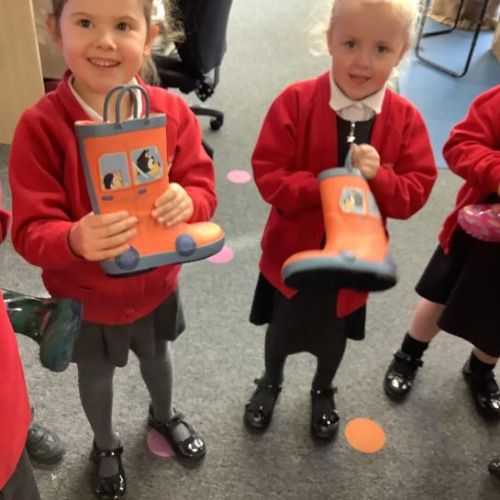 We learnt about matching pairs. We were each given a welly and had to search for our matching welly pair.