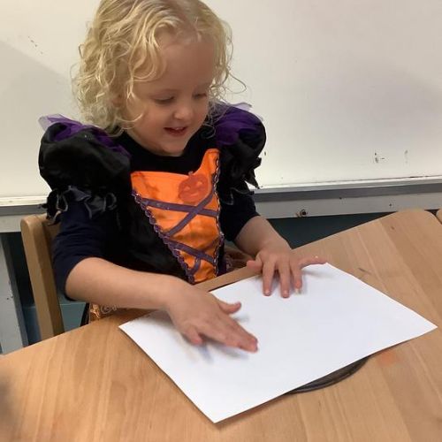 We then created a larger scale print, using our colour mixing skills and print making knowledge to create a spooky pumpkin picture.